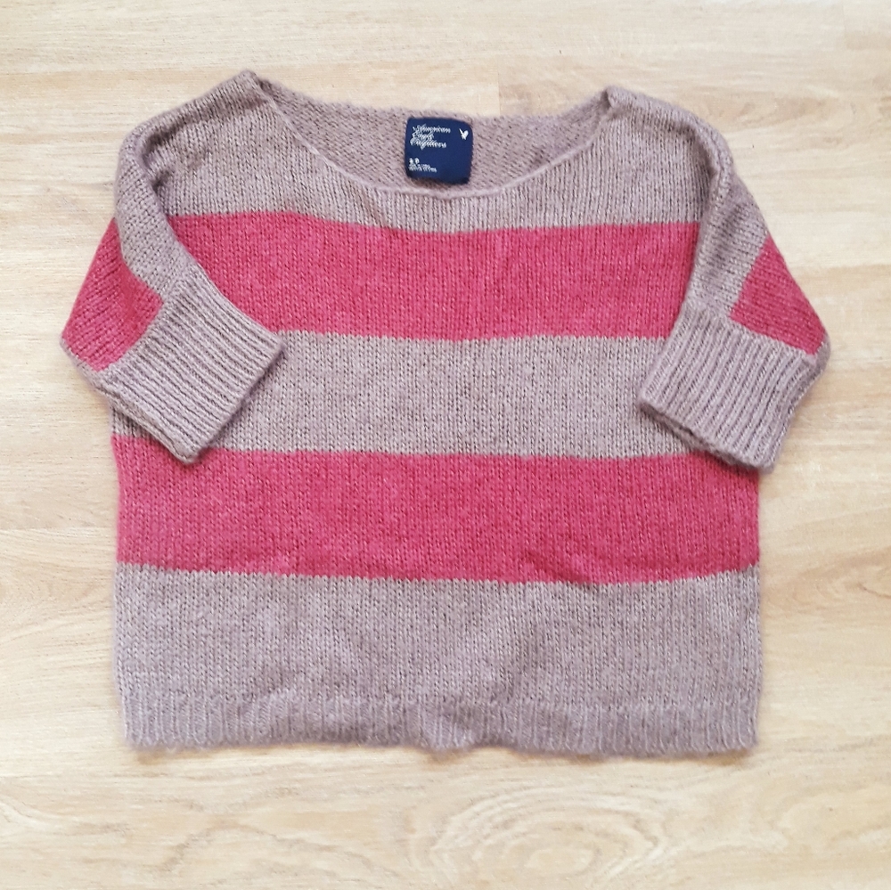 American Eagle Pink and Mocha Stripe Sweater - Size Small Pullover 3/4 Sleeves - Picture 2 of 7